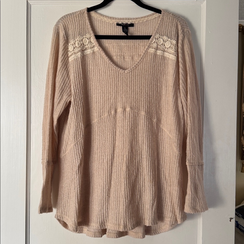 Style & Co Lace Embellished Long Sleeve V-Neck Top